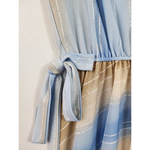 Vintage 80s Size 10 Watercolor Blue Tan Striped V-Neck Short Sleeve Midi Dress - Picture 2 of 6